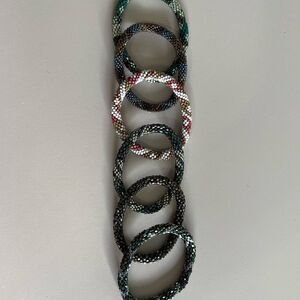 Multicolored beaded bracelet assortment.